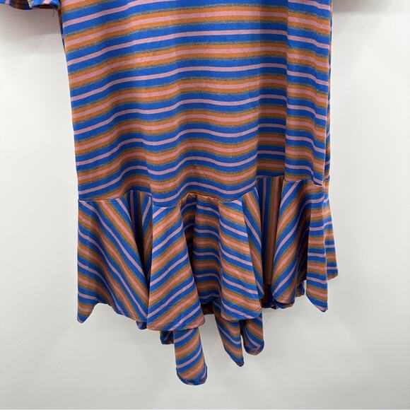 LuLaRoe Maurine Blue & Pink Striped Ruffle Asymmetrical Hem Midi Dress Size XXS - Picture 3 of 10